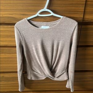 Velvet Long-Sleeve Twist Front Ribbed Top - Light Taupe